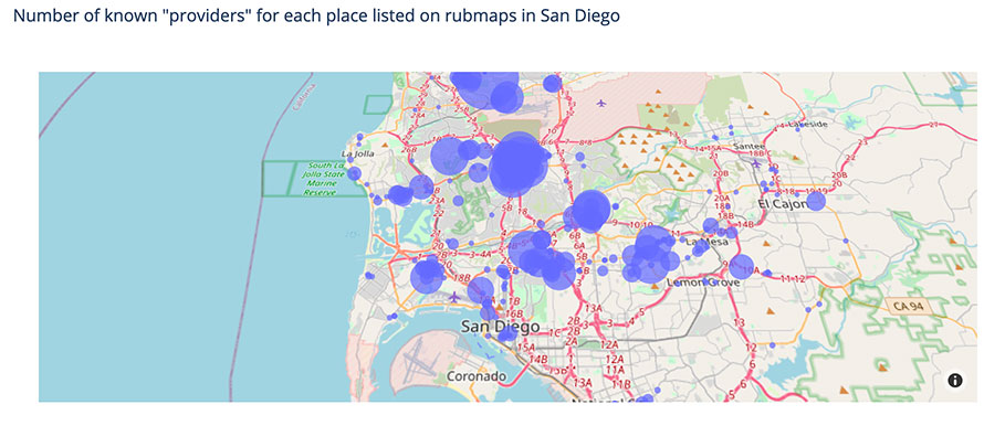 Click to see live map of known providers for each place listed on Rubmaps  | Project by Sheri Rosalia | Data Engineer | Data Analyst | Data Scientist